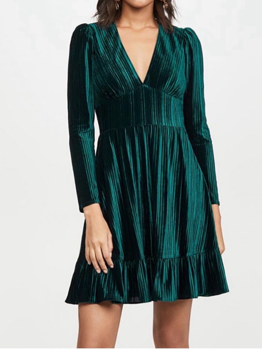 Shoshanna Emerald Green Velvet V‑Neck Long‑Sleeve Dress